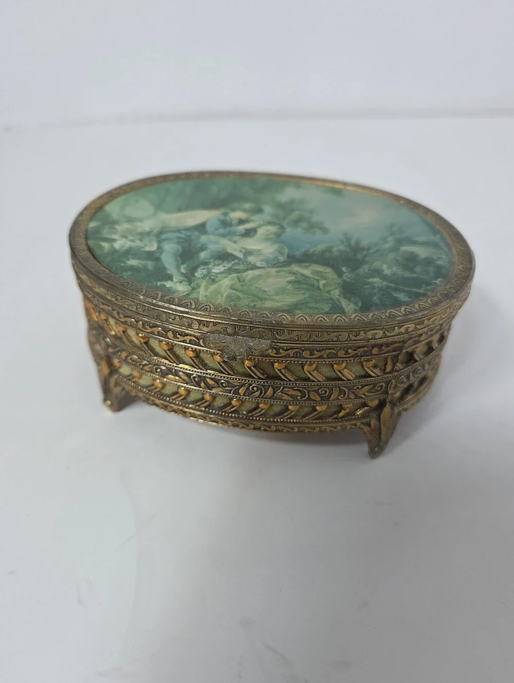 spring by boucher brass trinket box footed lidded mc rocco style velvet lined